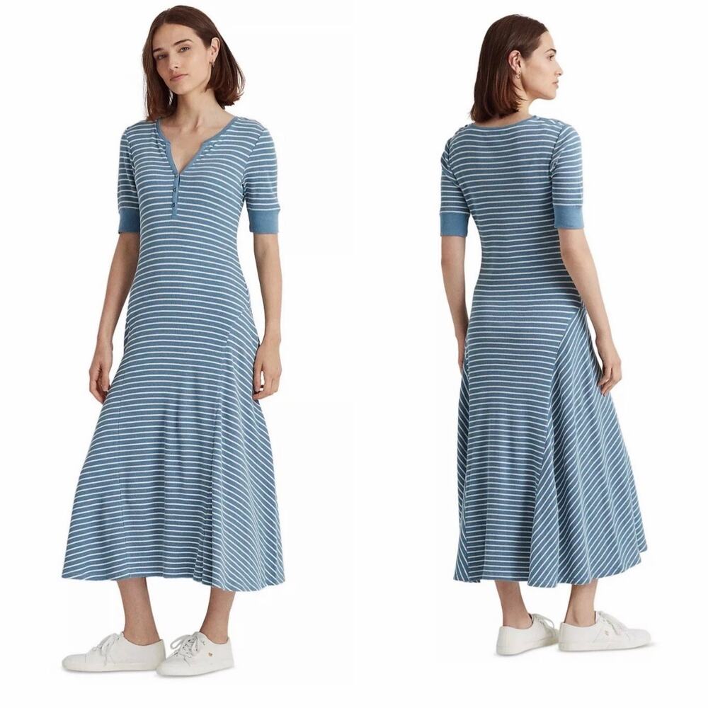 Lauren Ralph Lauren Dress Black Label Women XL Maxi Stripe Flare Button EUC